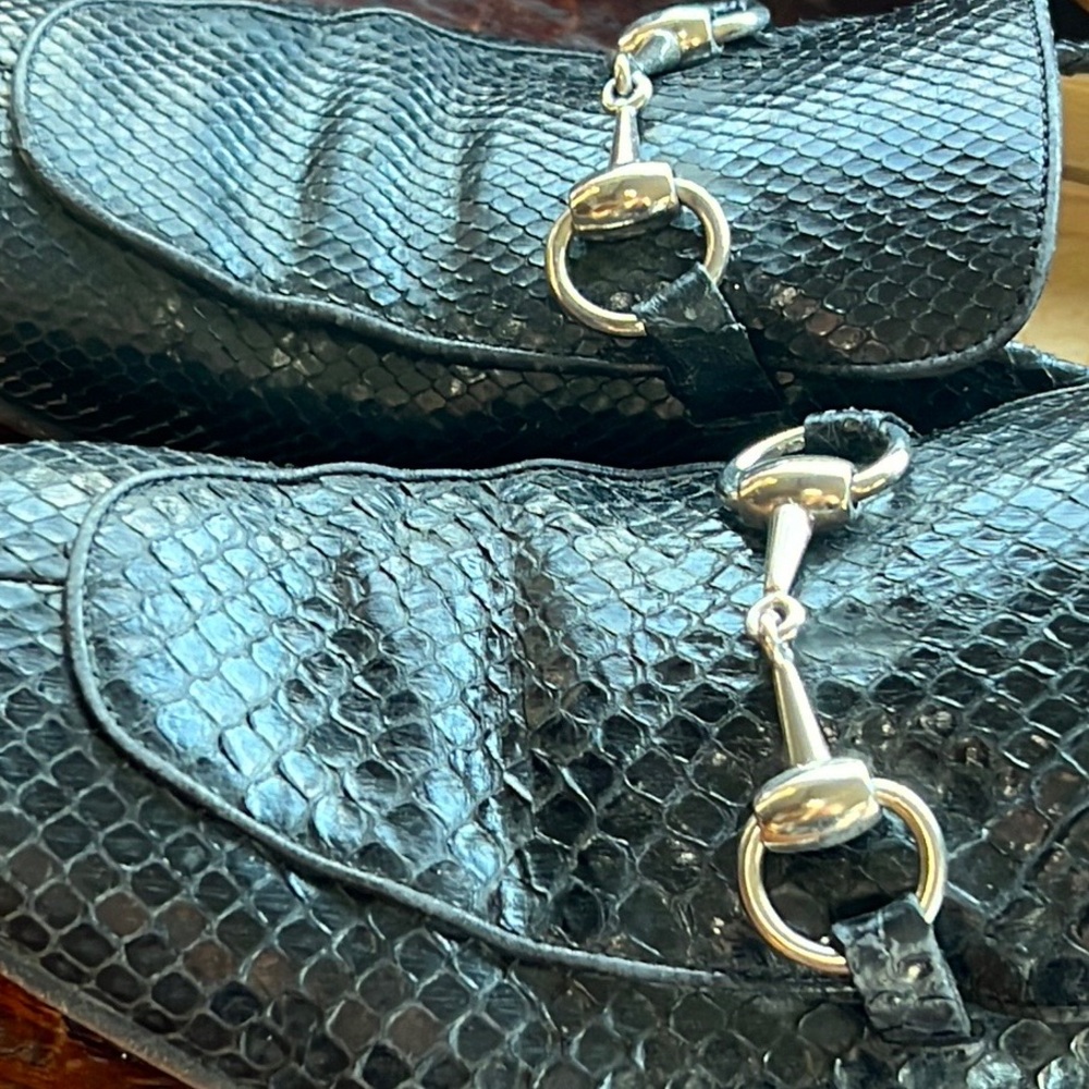 Gucci Black Python Snakeskin Silver Horse Bit Buc… - image 6